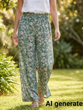 Classic Concepts Green Floral Smocked Waist Palazzo Pants Size XL